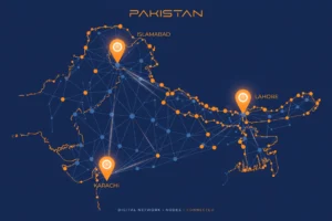 Digital map of Pakistan showing SEO hubs in Lahore, Karachi and Islamabad