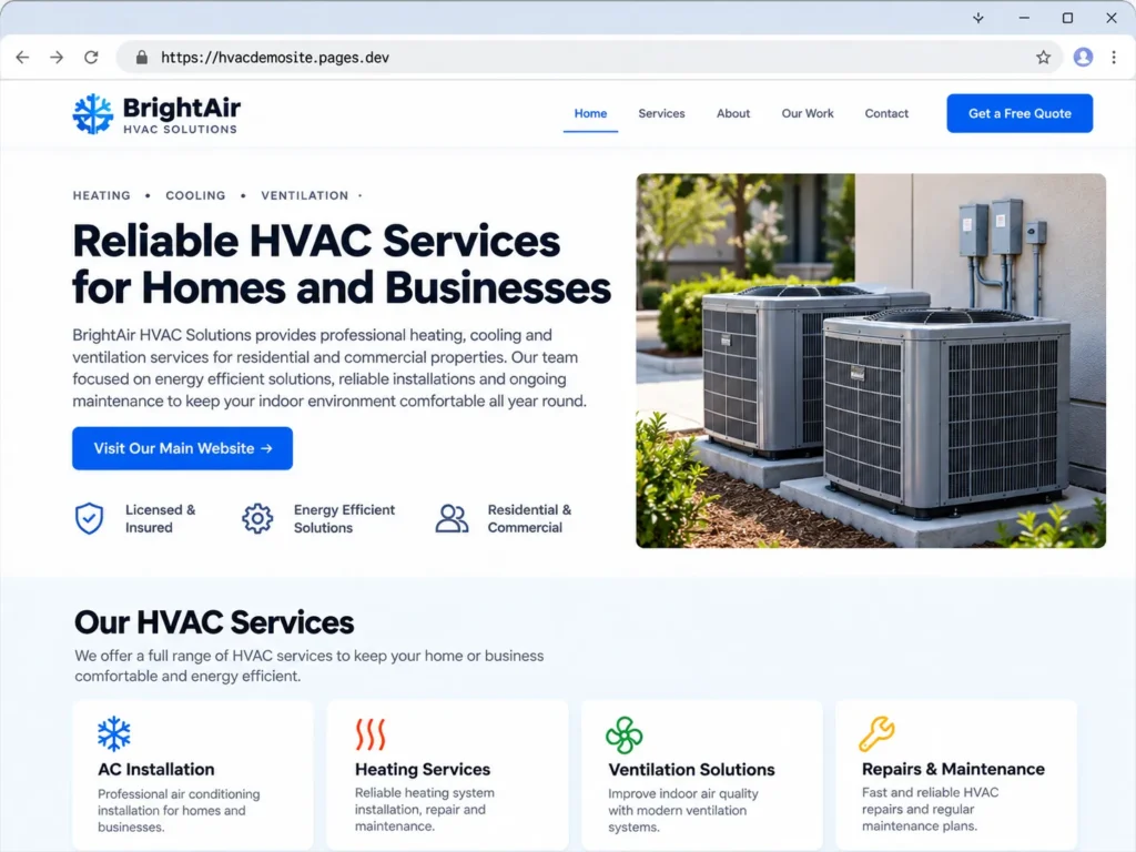 Example of a cloud stacking tier 1 page with branded content and a website link.