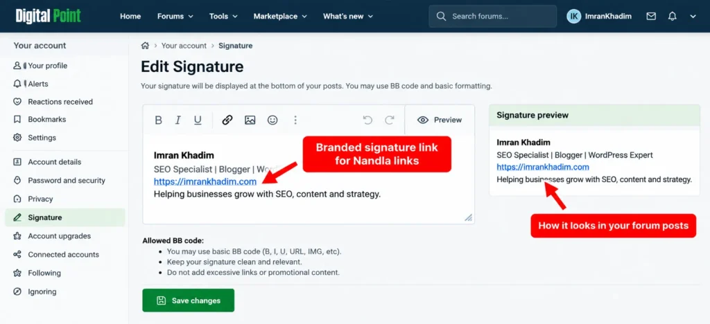 Adding a branded signature link on a forum profile for Nandla link building.