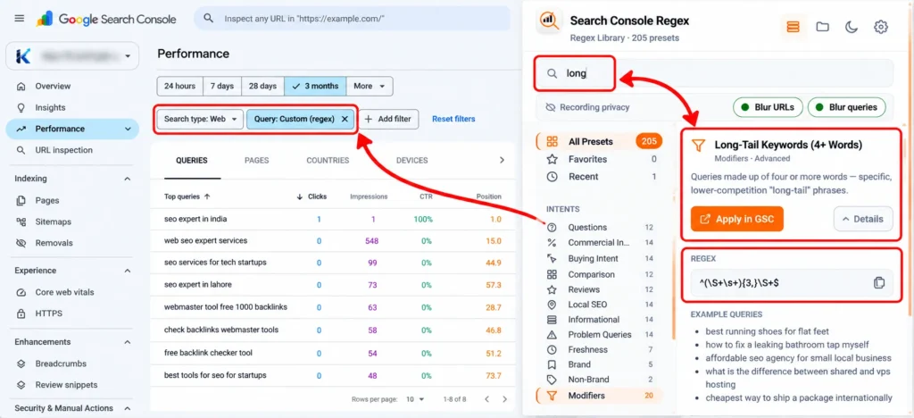 Long tail queries by search console regex