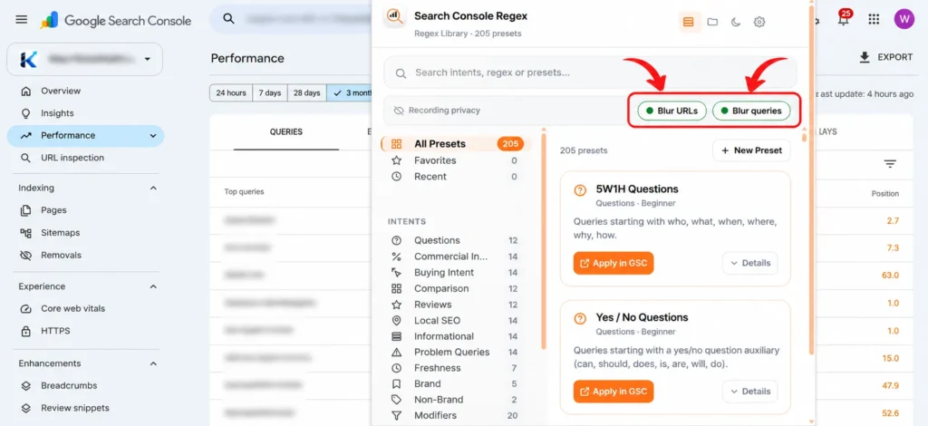 Search Console Regex Blur Controls