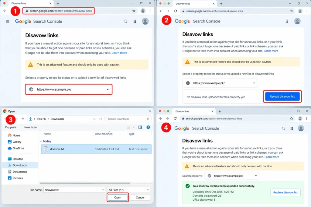 Upload the file of toxic backlinks in Google Search Console