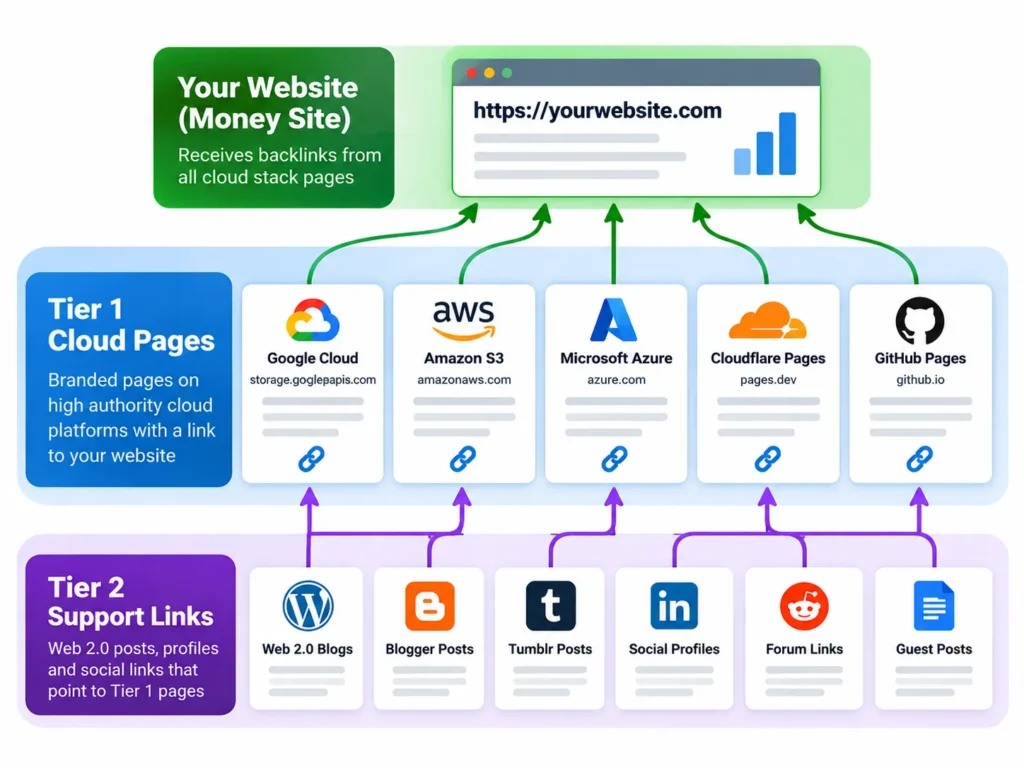Cloud stacking structure with tier 1 cloud pages and tier 2 support links pointing to a website. 